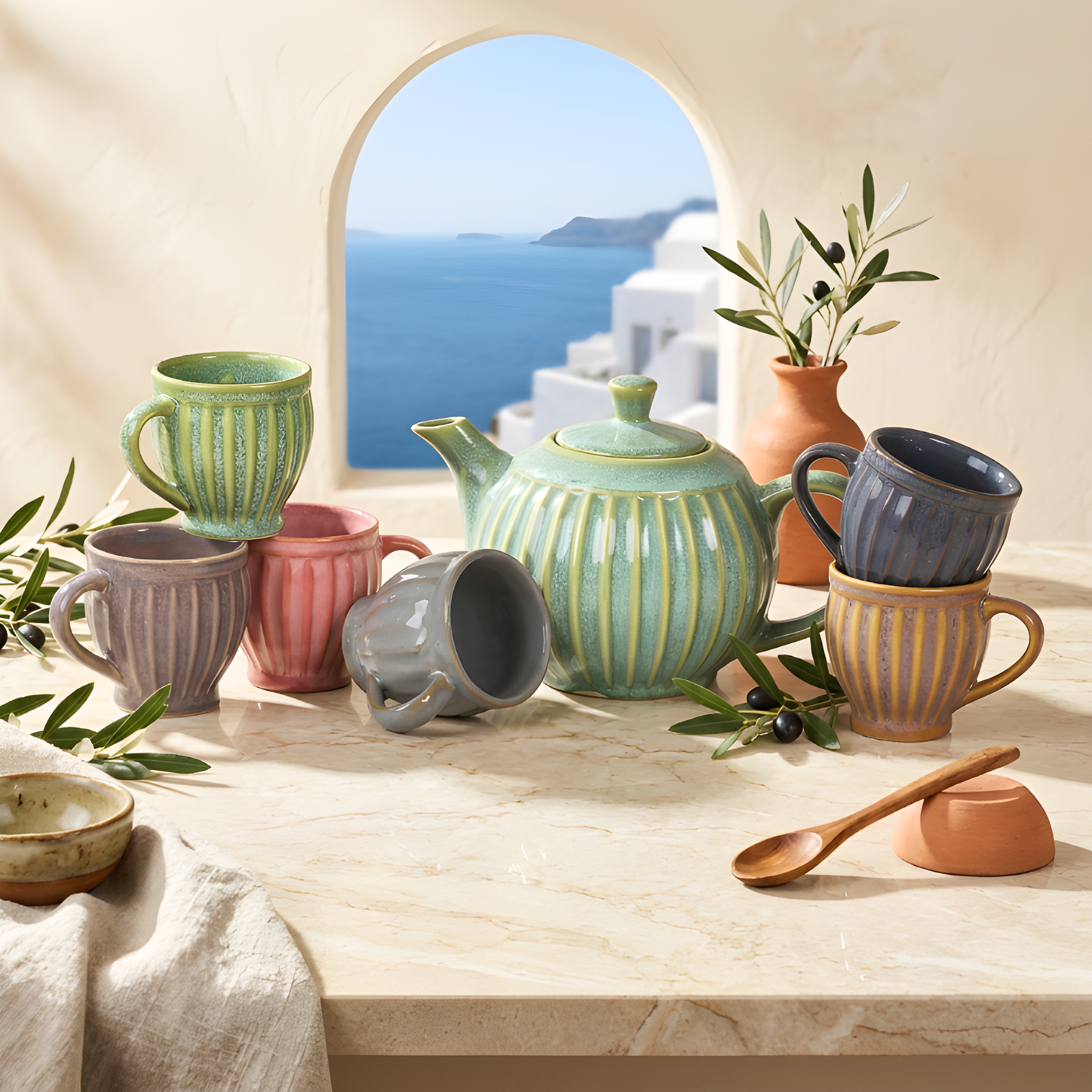 Jazzy Ribbed Ceramic Tea Set — Assorted Green / Pink / Grey / Yellow — Assorted Green / Pink / Grey / Yellow