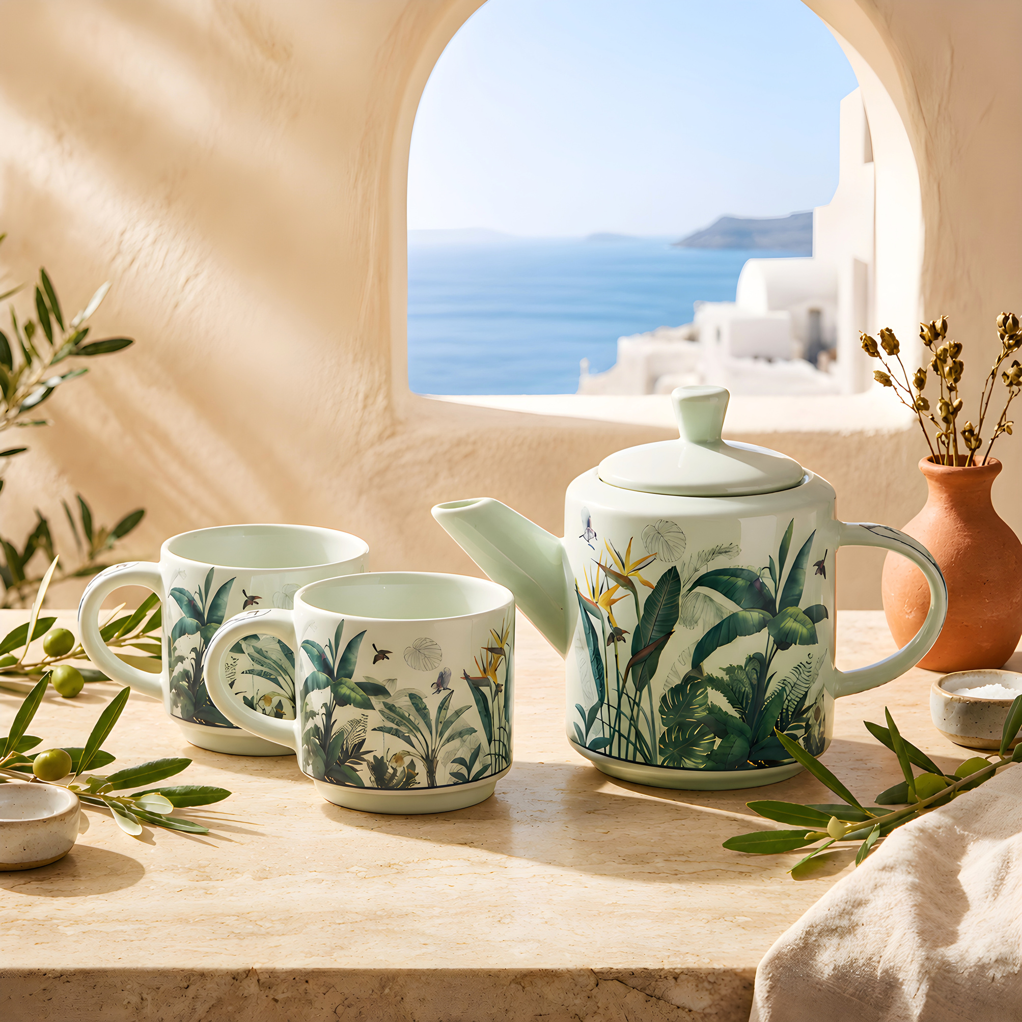 Ocean Ceramic Coffee Set — Green Leaf — Ivory / Green
