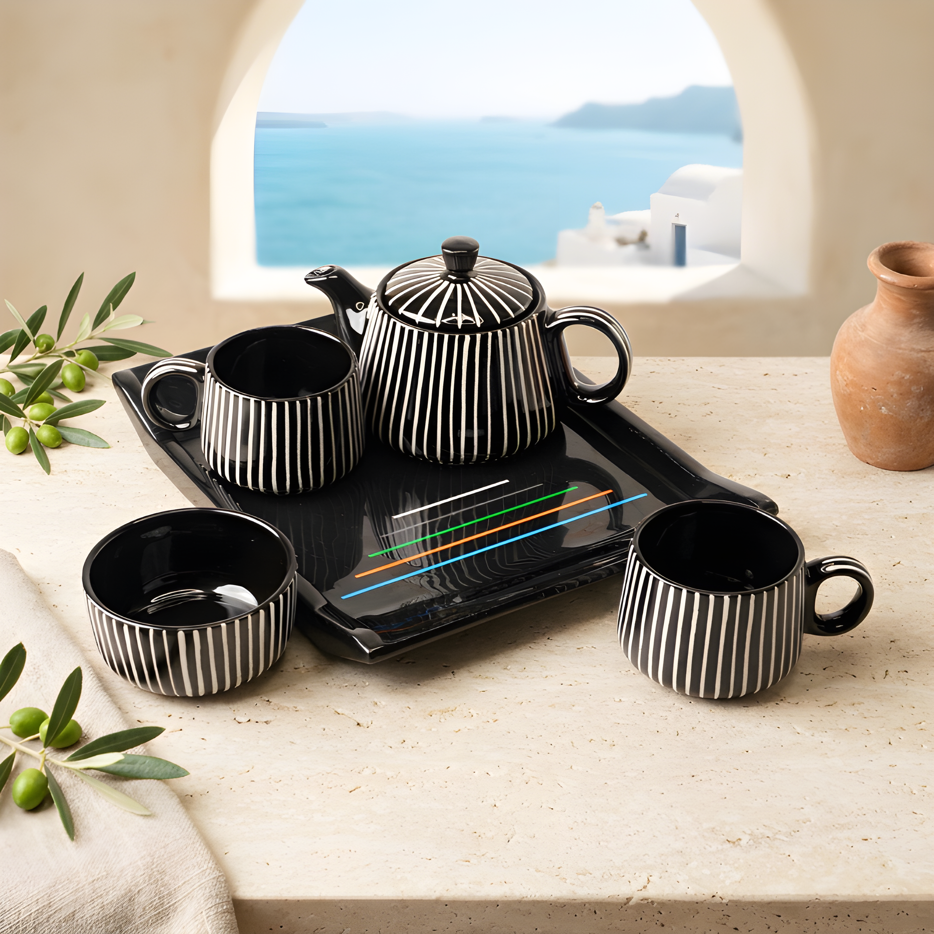 Sukoon Ribbed Ceramic Tea Set with Tray — Black / White — Black / White
