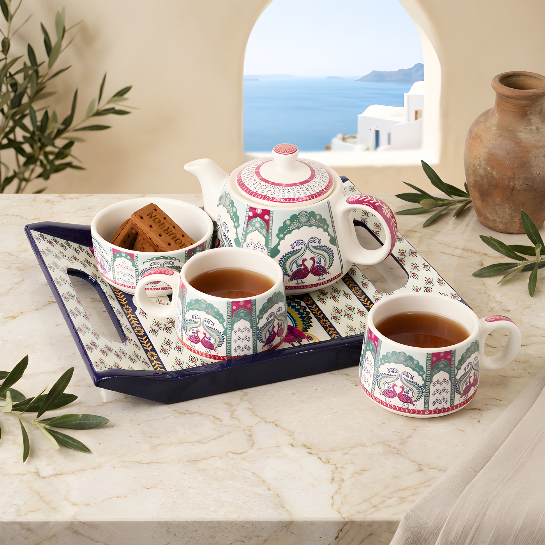 Sukoon Floral Ceramic Tea Cup Set with Tray — White / Pink / Green — White / Pink / Green
