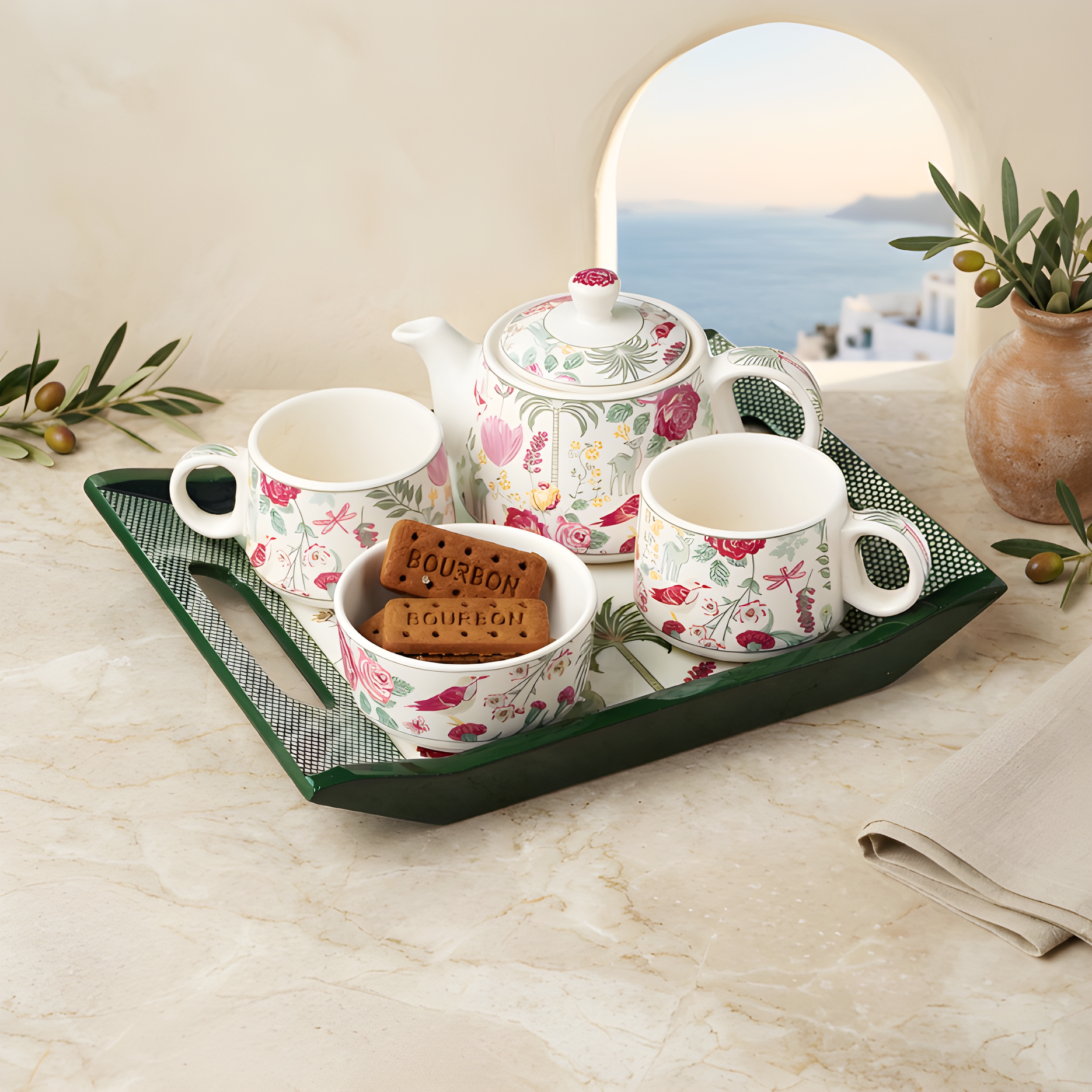Sukoon Floral Ceramic Mug Set with Tray — White / Pink / Green — White / Pink / Green