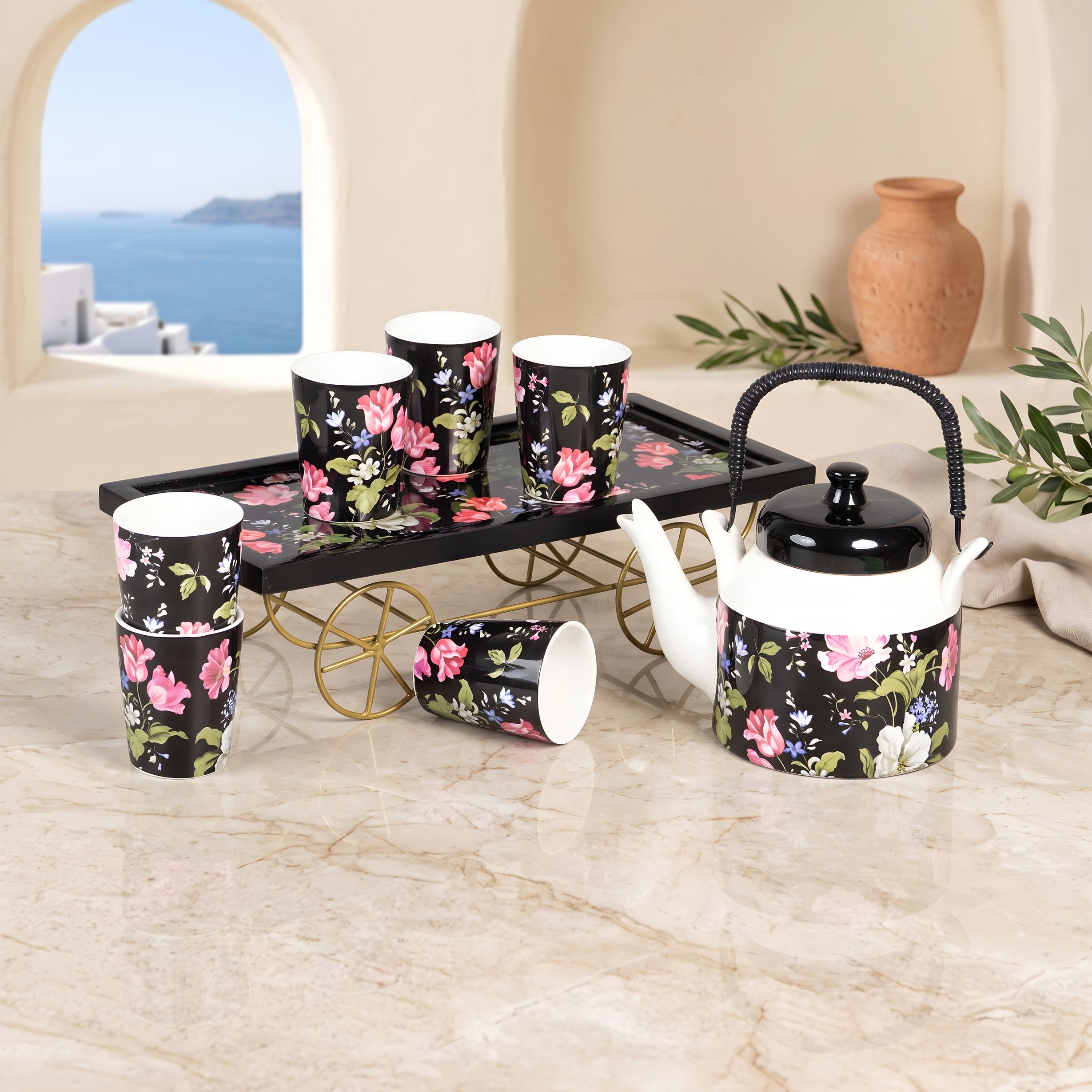 Tulip Chai Thela Ceramic Tea Set — Black / Pink / White — Black / Pink / White