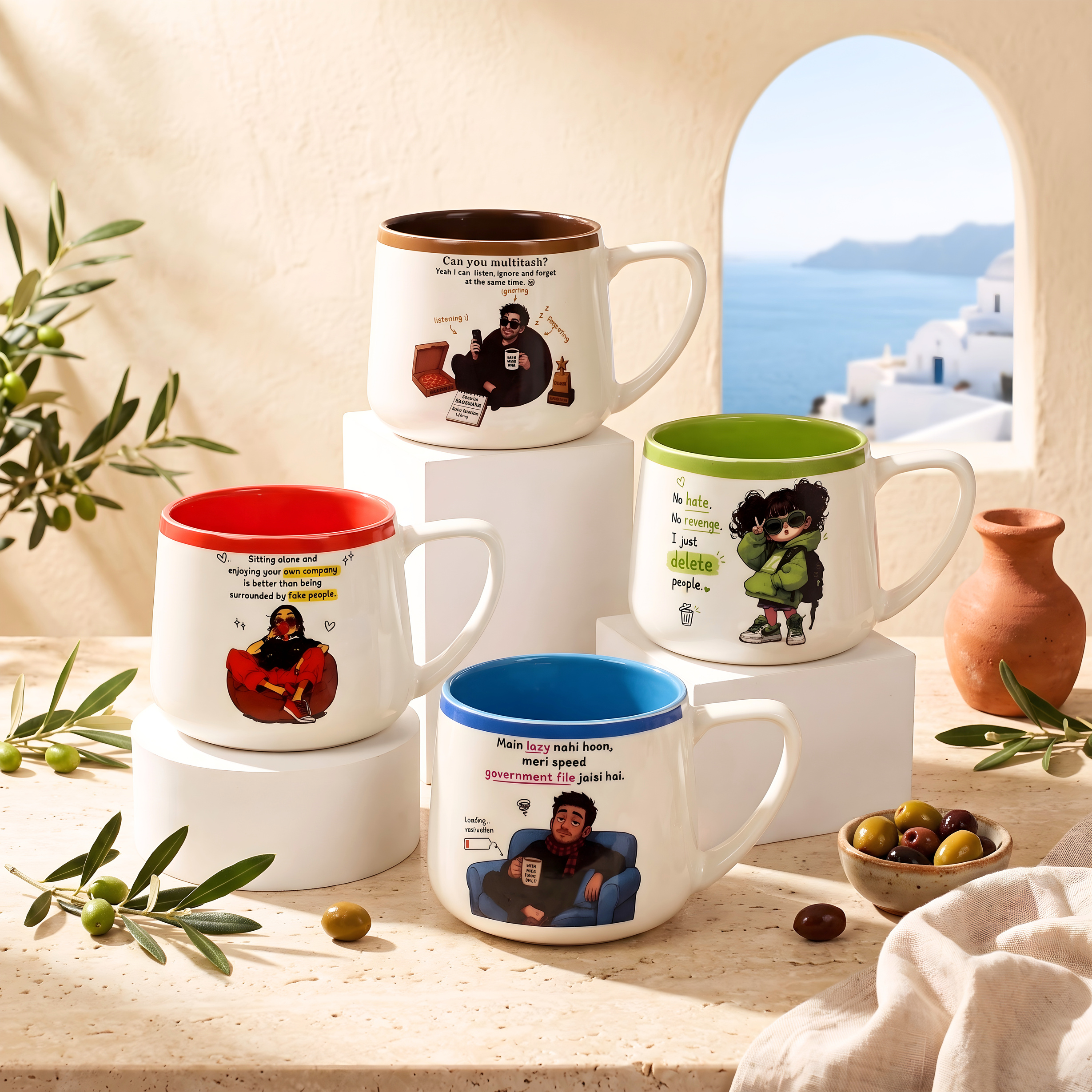 GenZ Vibe Ceramic Mugs — White / Assorted Colour Interiors — White / Assorted Colour Interiors