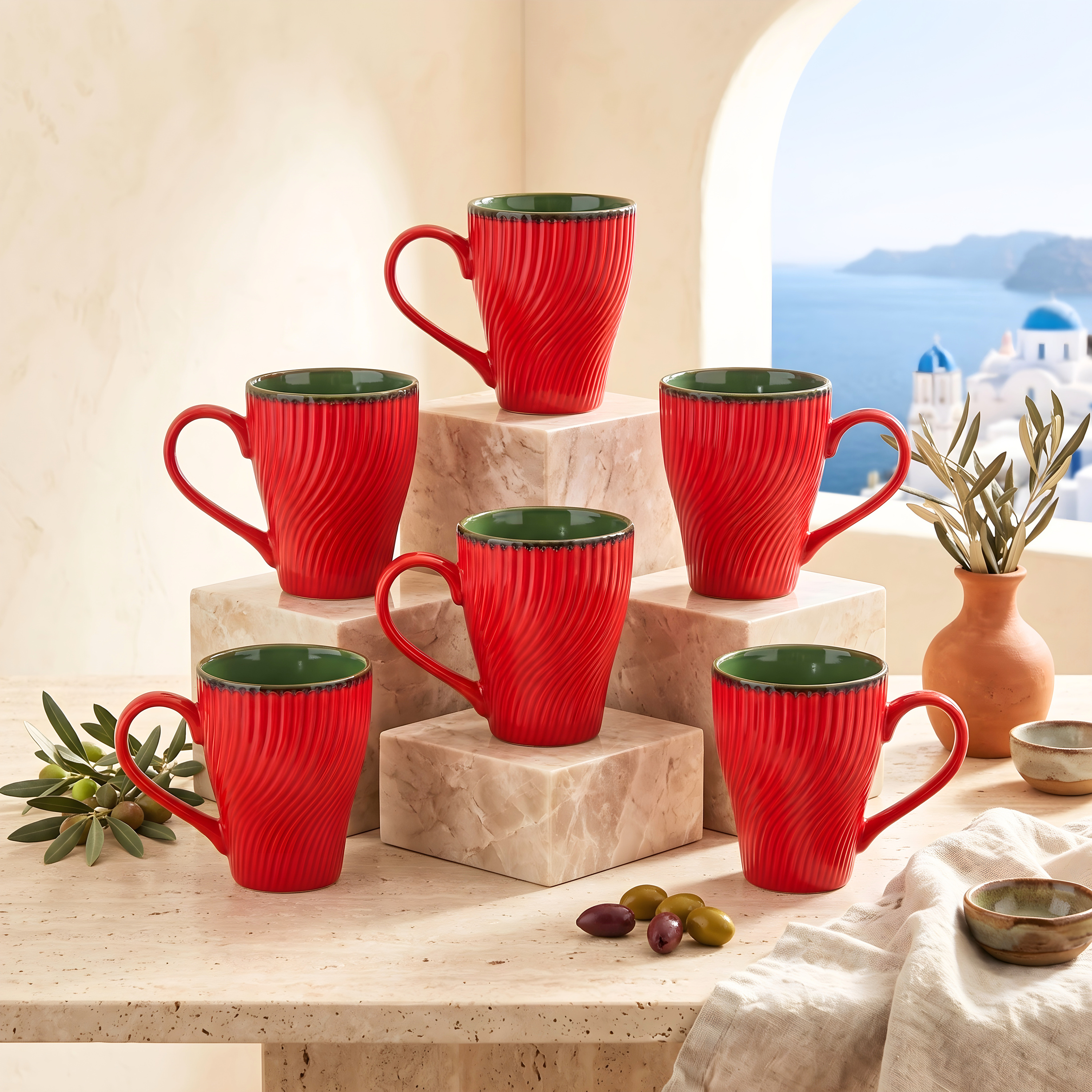 Helix Ribbed Ceramic Mugs — Red / Green — Red / Green