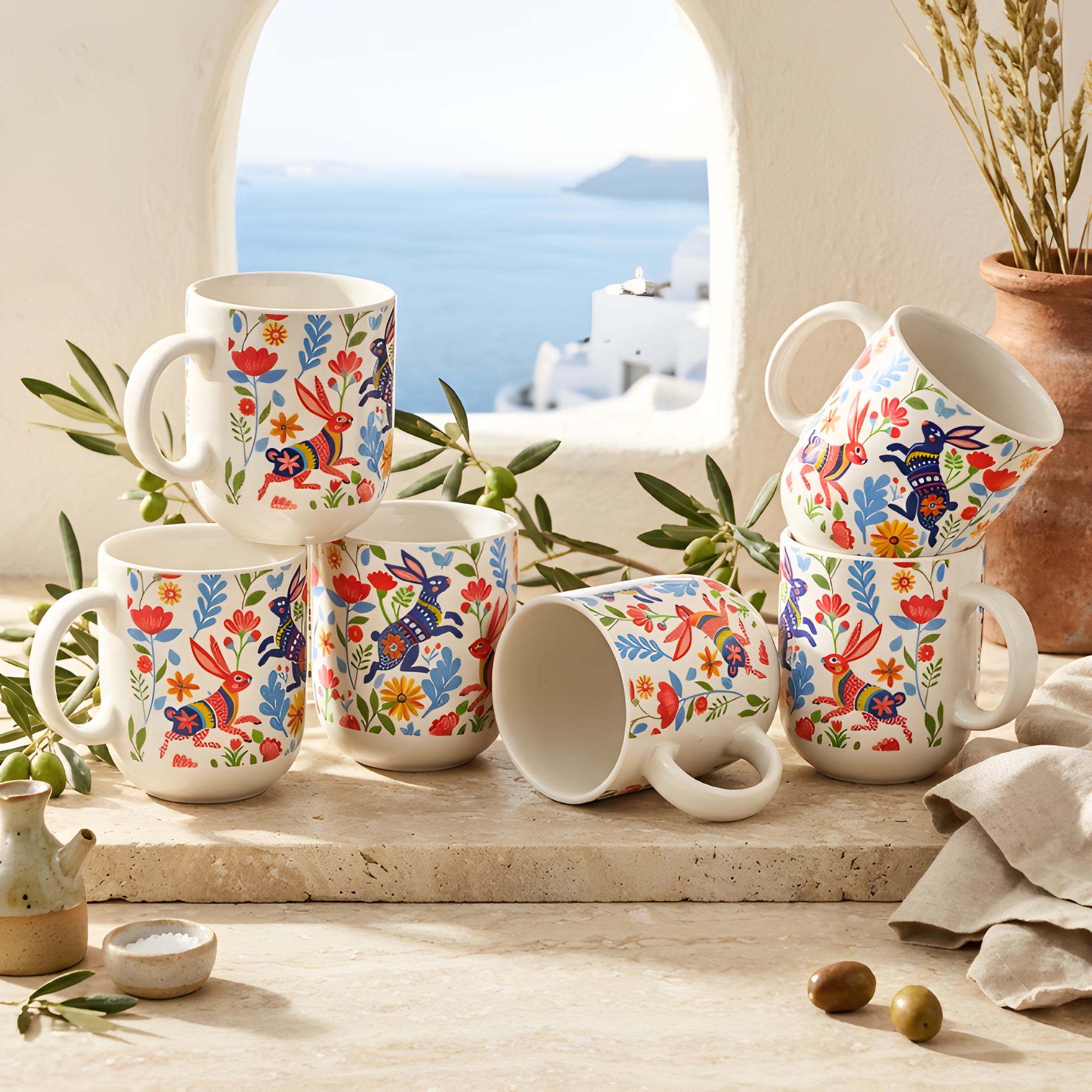 Blue Berry Floral Ceramic Mugs — White / Multicolour — White / Multicolour