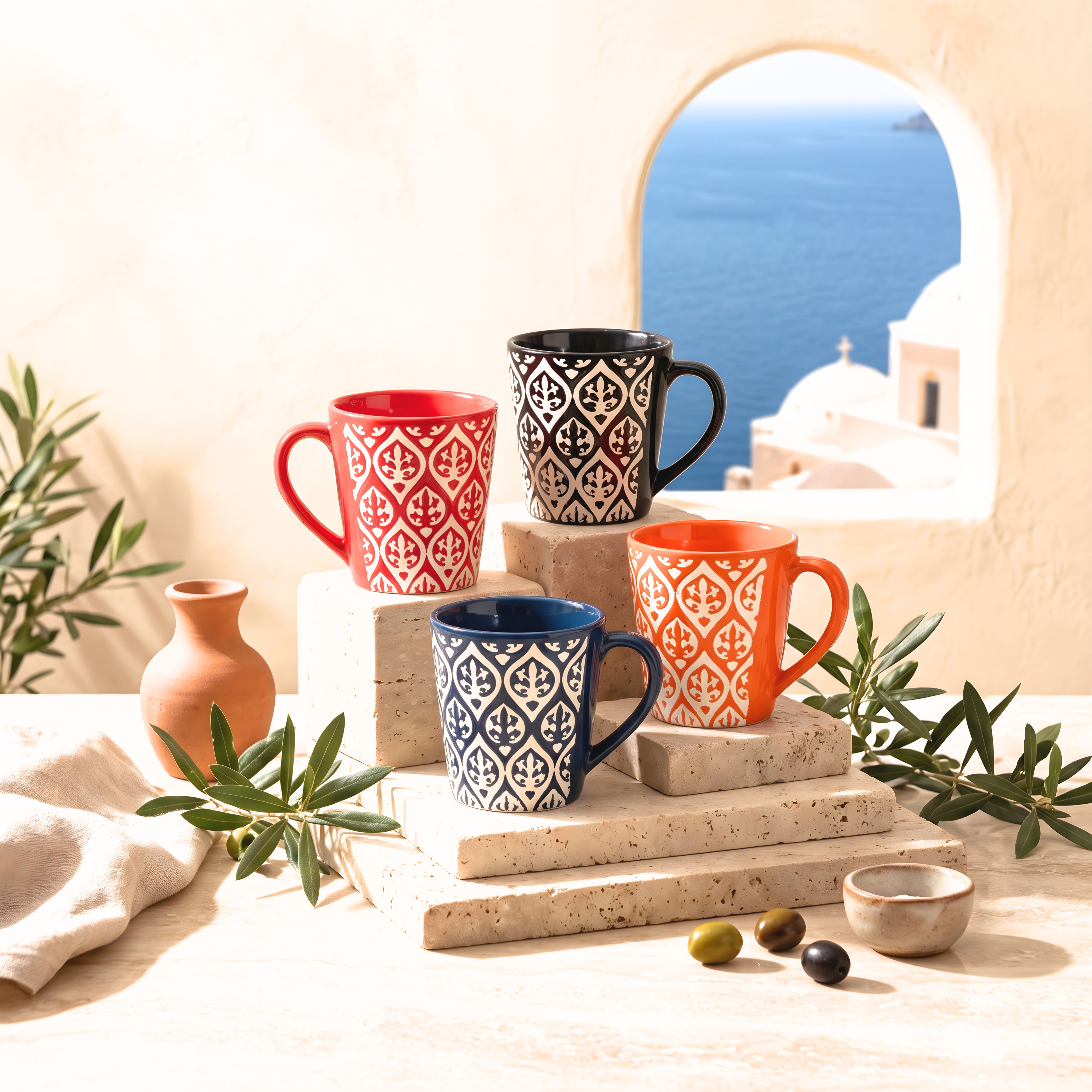 Daisy Ceramic Coffee Mugs — Assorted Red / Black / Blue / Orange — Assorted Red / Black / Blue / Orange