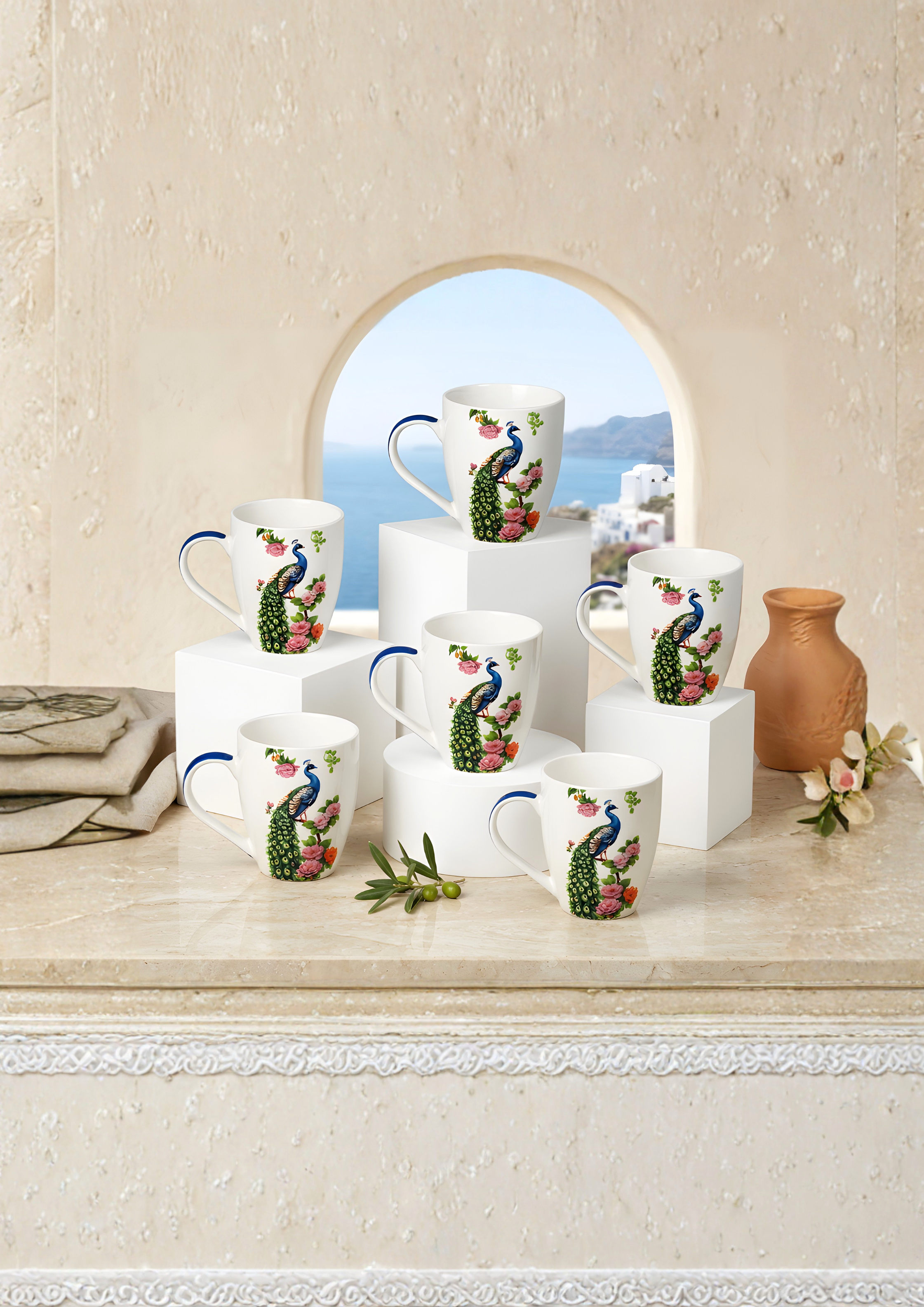 Royal Blue Peacock Ceramic Mugs — White / Blue / Green — White / Blue / Green