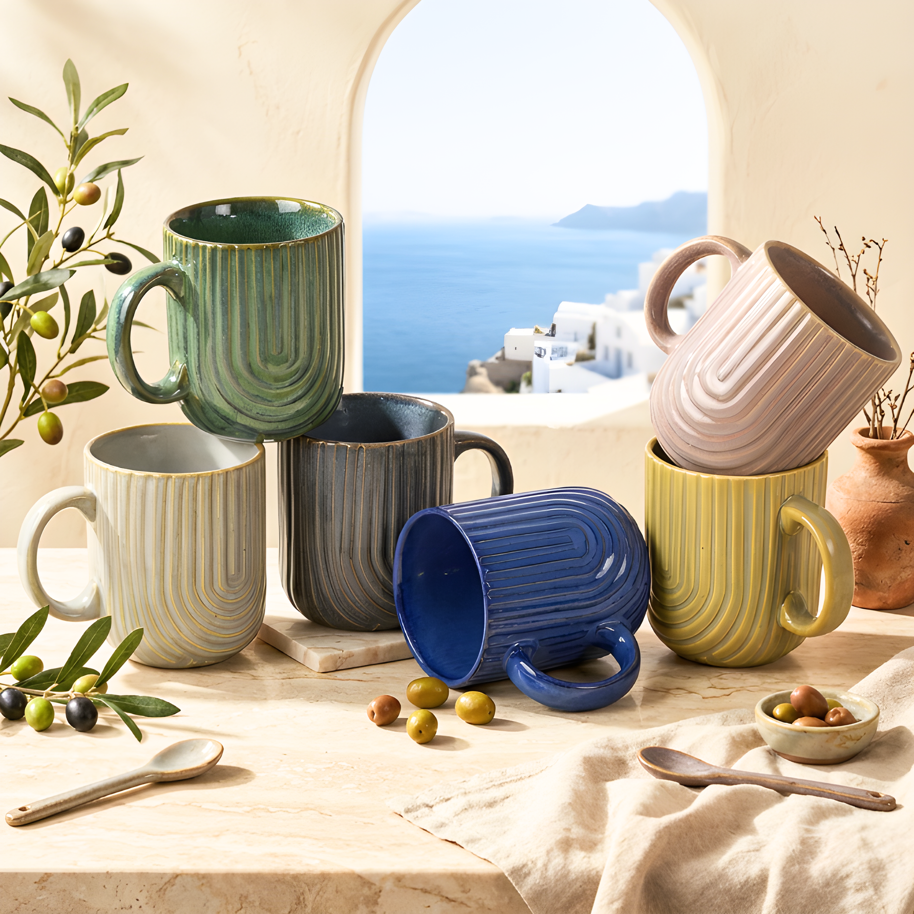 Linea Ribbed Ceramic Mugs — Assorted Green / Ivory / Grey / Blue / Pink — Assorted Green / Ivory / Grey / Blue / Pink