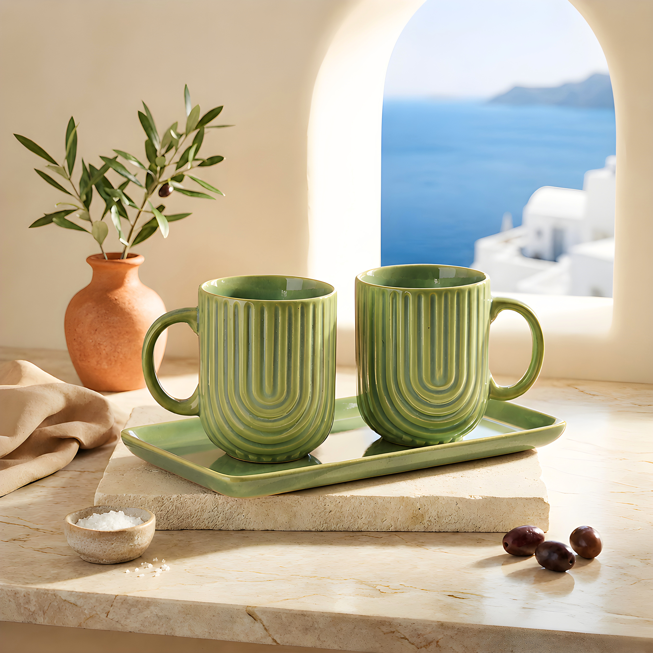 Linea Ceramic Mugs with Tray — Copper Green — Copper Green