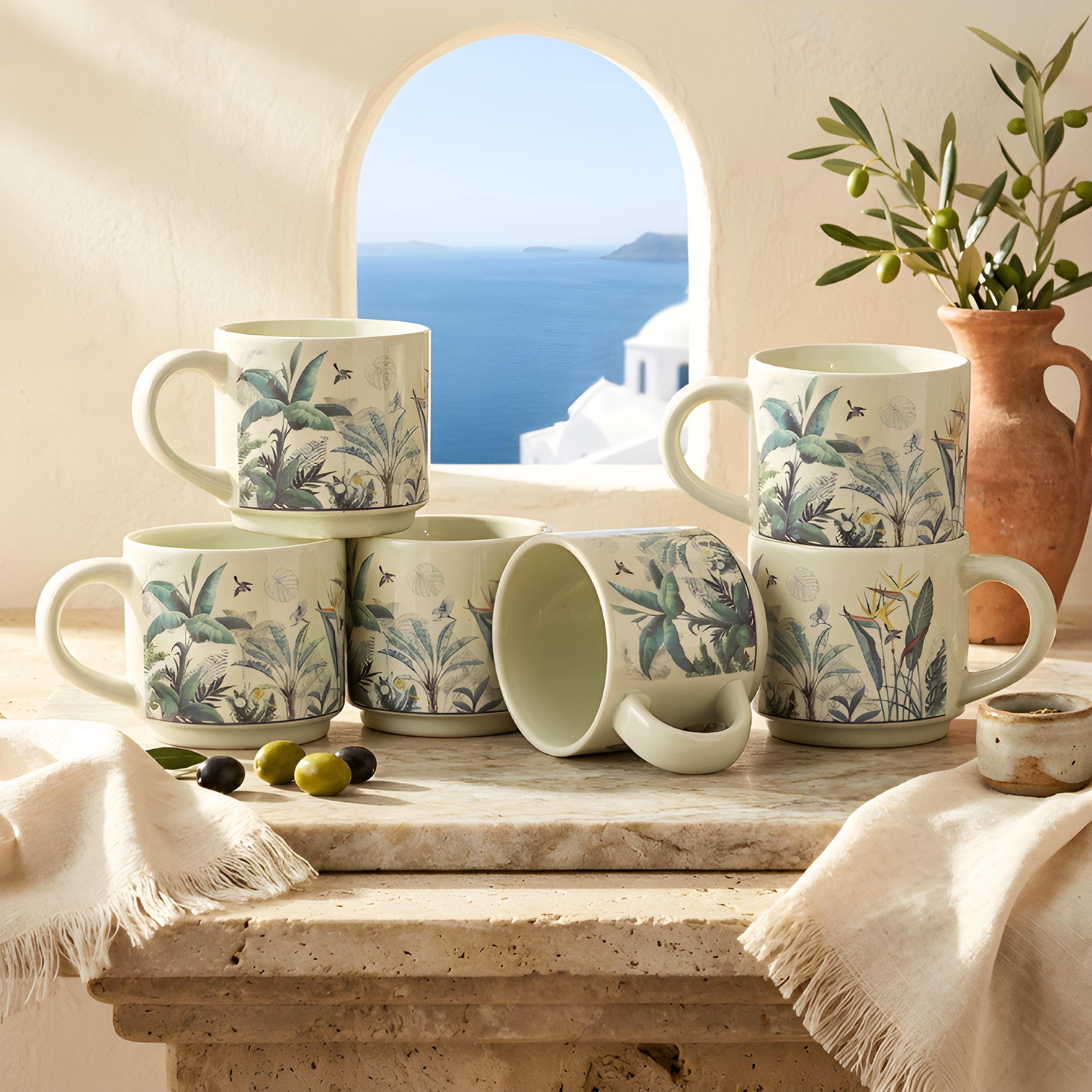 Ocean Printed Ceramic Coffee Mugs — Green Leaf — Ivory / Green