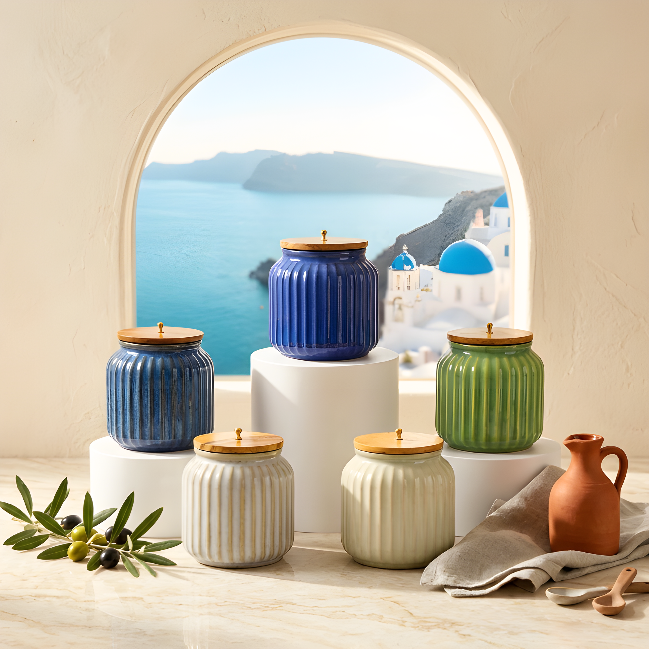 Nexus Ribbed Ceramic Storage Jars — Assorted Blue / Green / Ivory — Assorted Blue / Green / Ivory