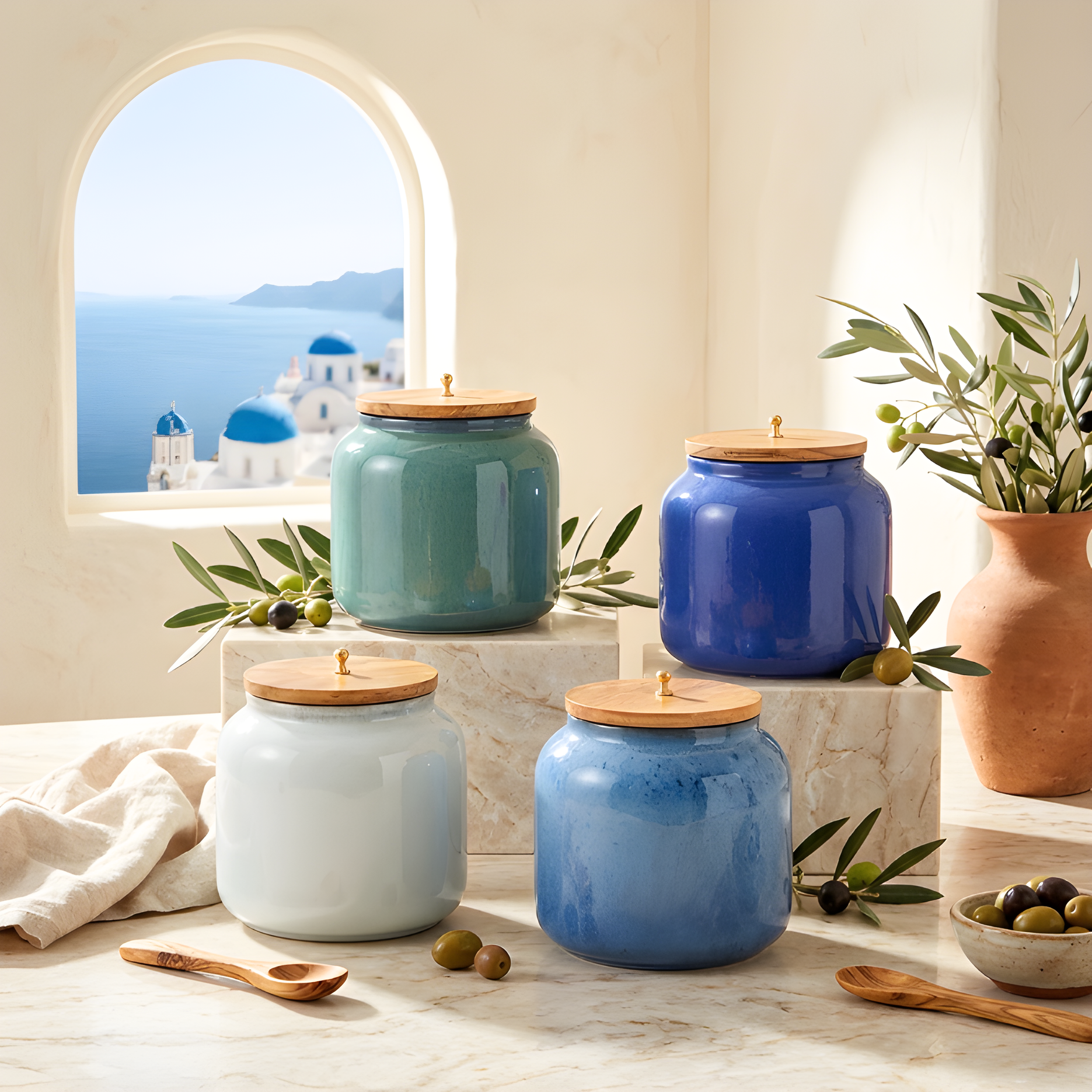 Nexus Rounded Ceramic Storage Jars — Assorted Green / Blue / Grey — Assorted Green / Blue / Grey
