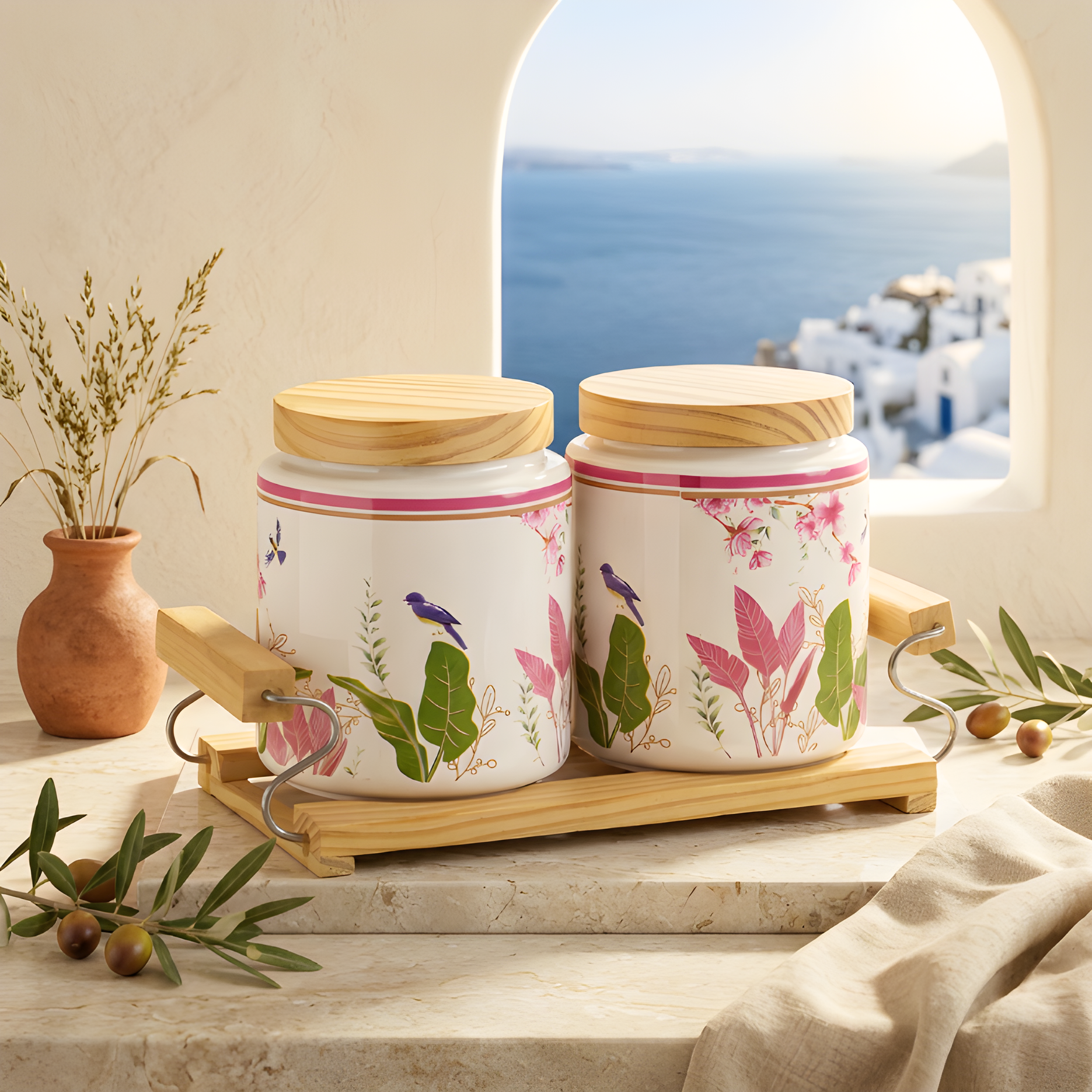 Floral Ceramic Jars with Bamboo Tray — White / Pink / Green — White / Pink / Green