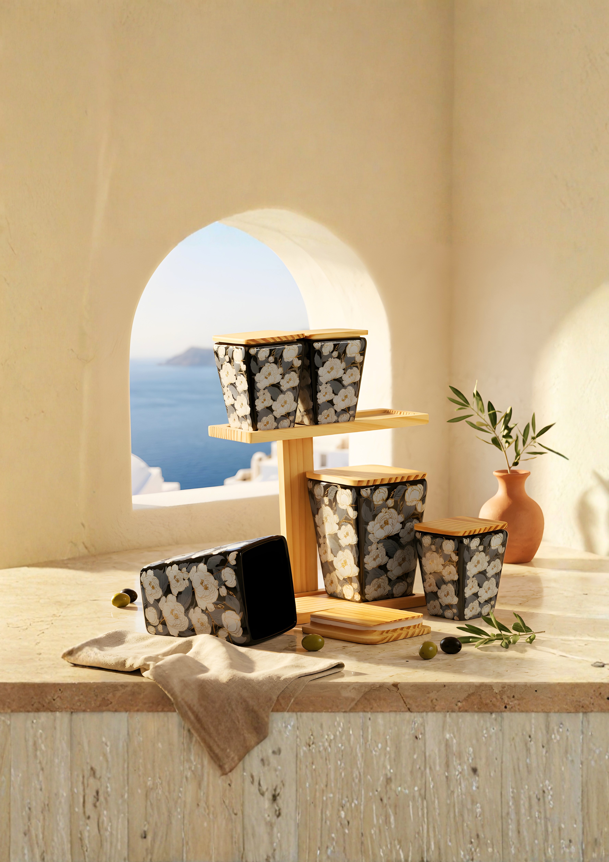 Leaf Design Ceramic Jar Set with Stand — Black / White — Black / White