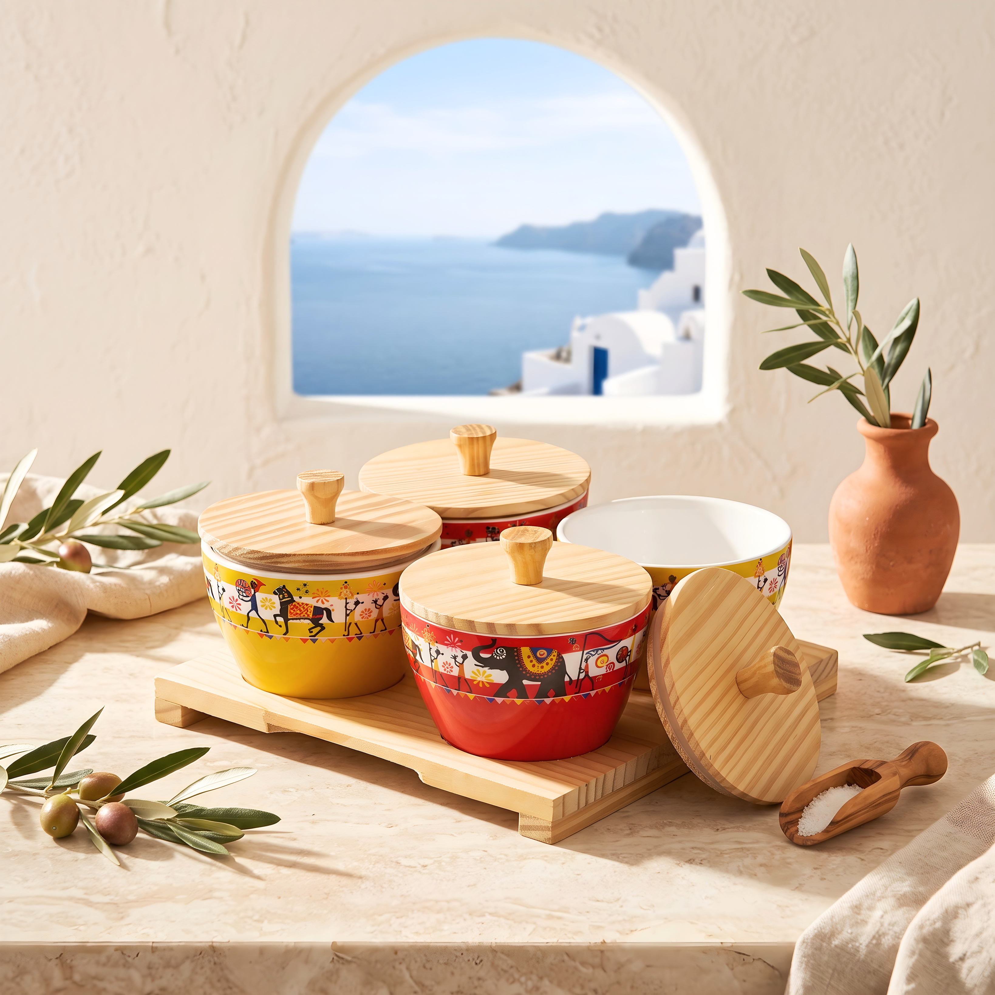 Airtight Ceramic Dry Fruit Set with Stand — Red / Yellow / White — Red / Yellow / White