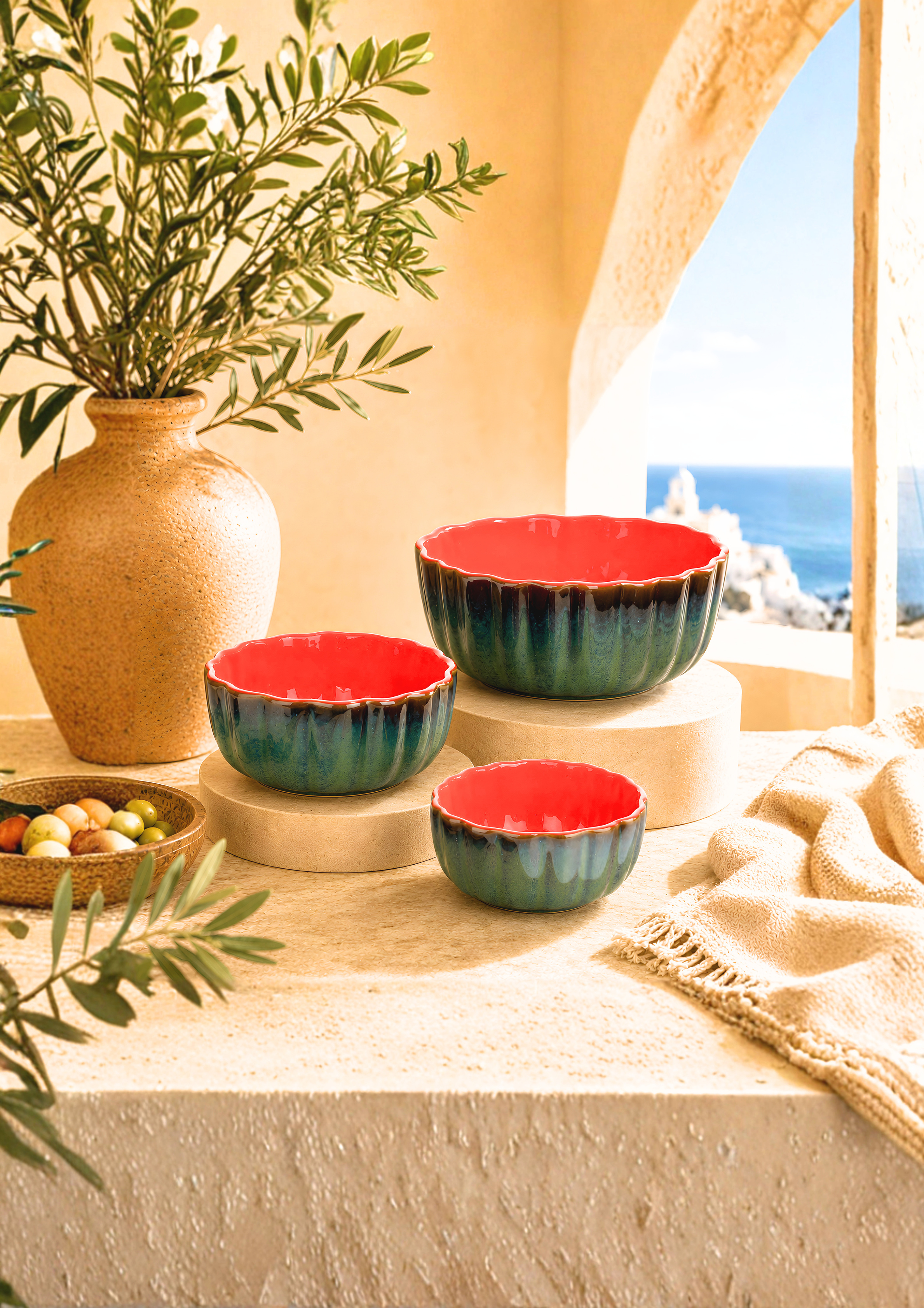 Muskmelon Ceramic Bowl Set — Green / Red — Green / Red