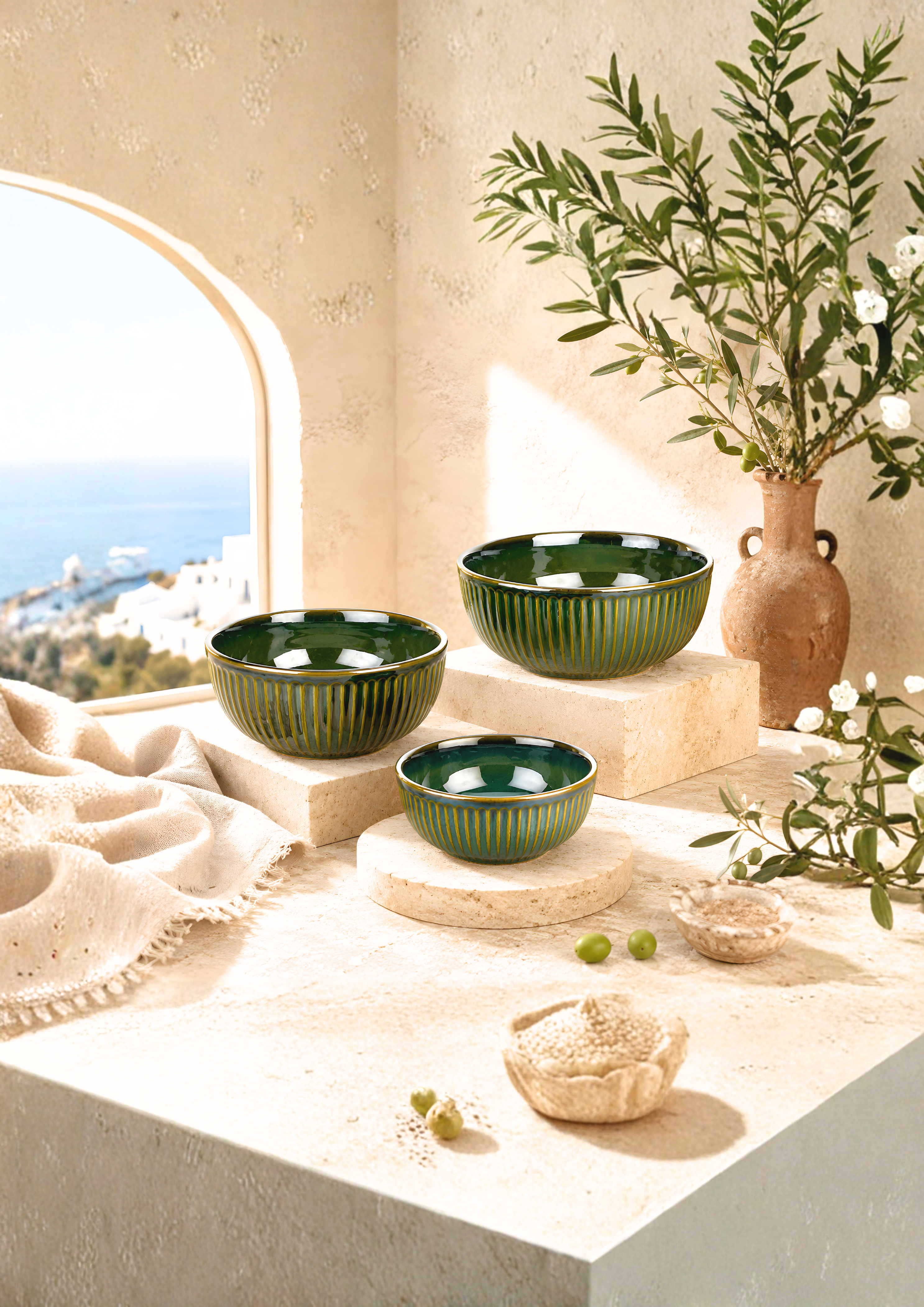 Line Ribbed Ceramic Bowl Set — Green — Green