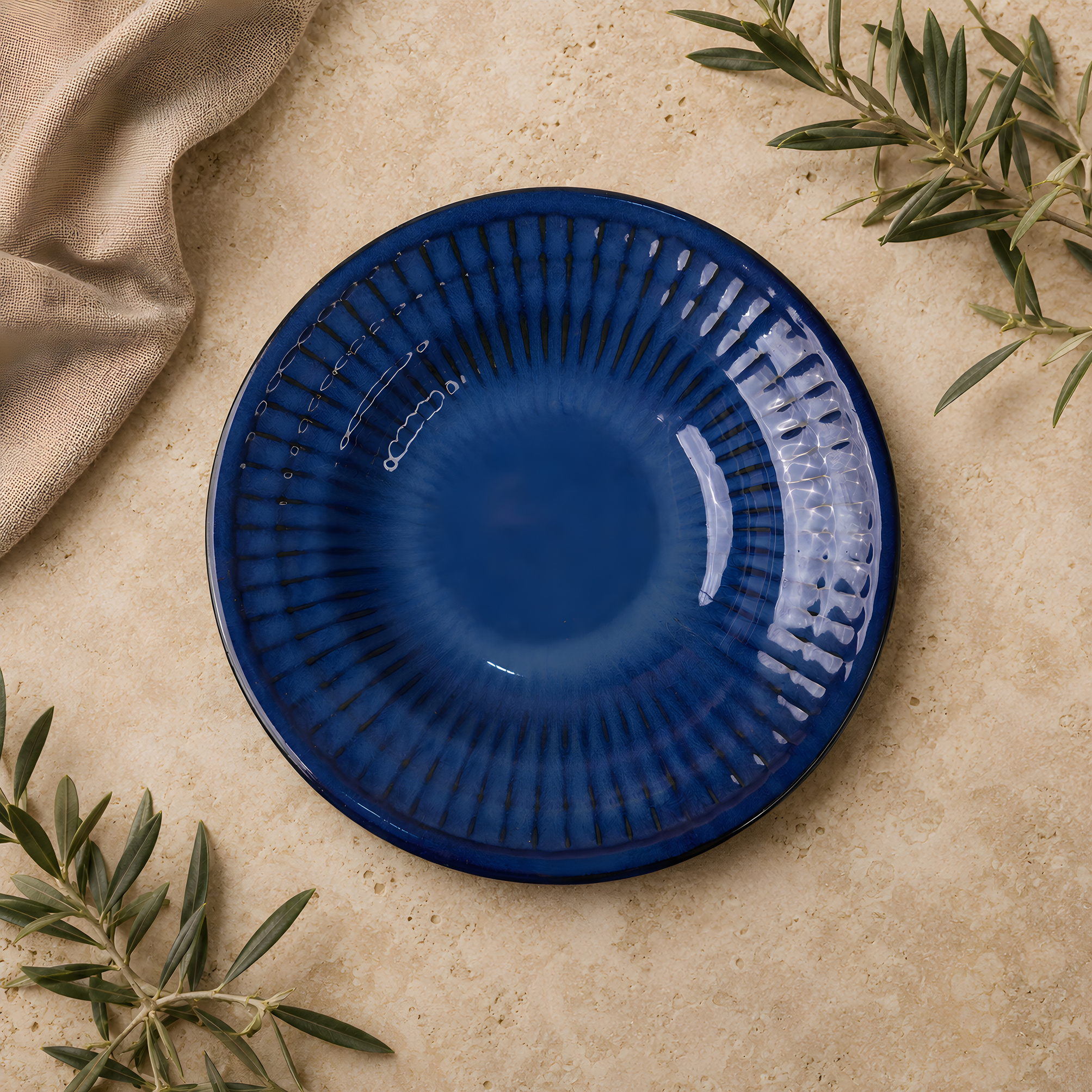 Fluted Ceramic Pasta Platter — Deep Blue — Deep Blue