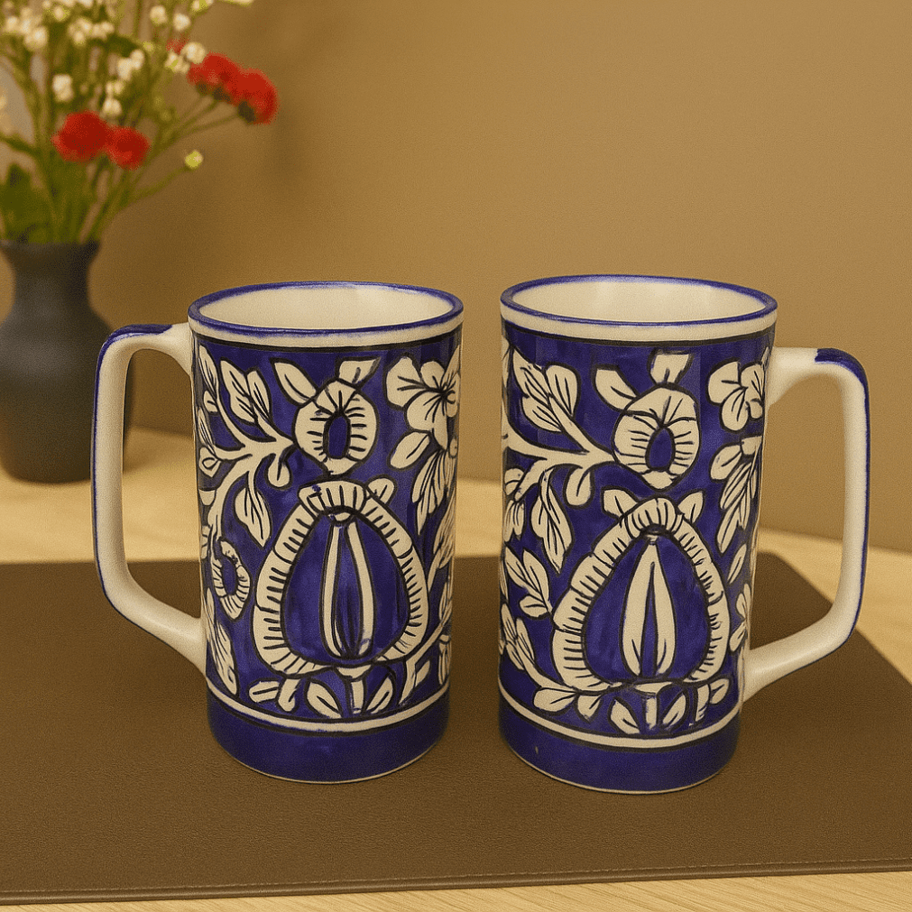 Handcrafted Blue Floral Ceramic Mug Set of 2 pcs Mug, 400 ml