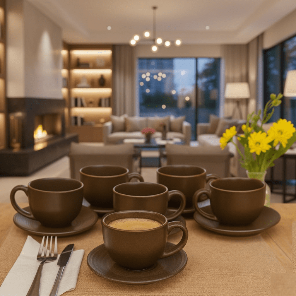 Rustic Brown Ceramic Cup with Saucer Set of 6 pcs Mug and 6 pcs Saucer, 250 ml