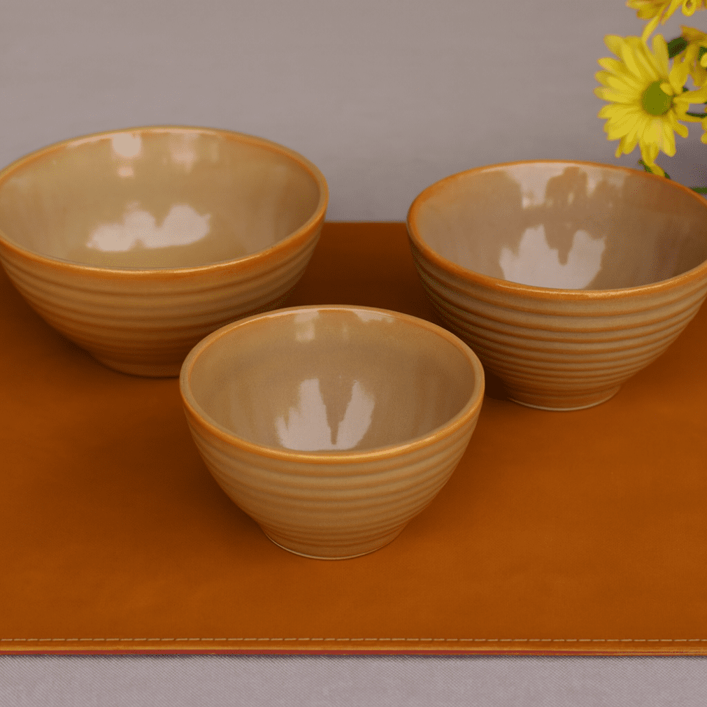 Handcrafted Ceramic Bowl Set – Warm Sand Glaze (Set of 3)