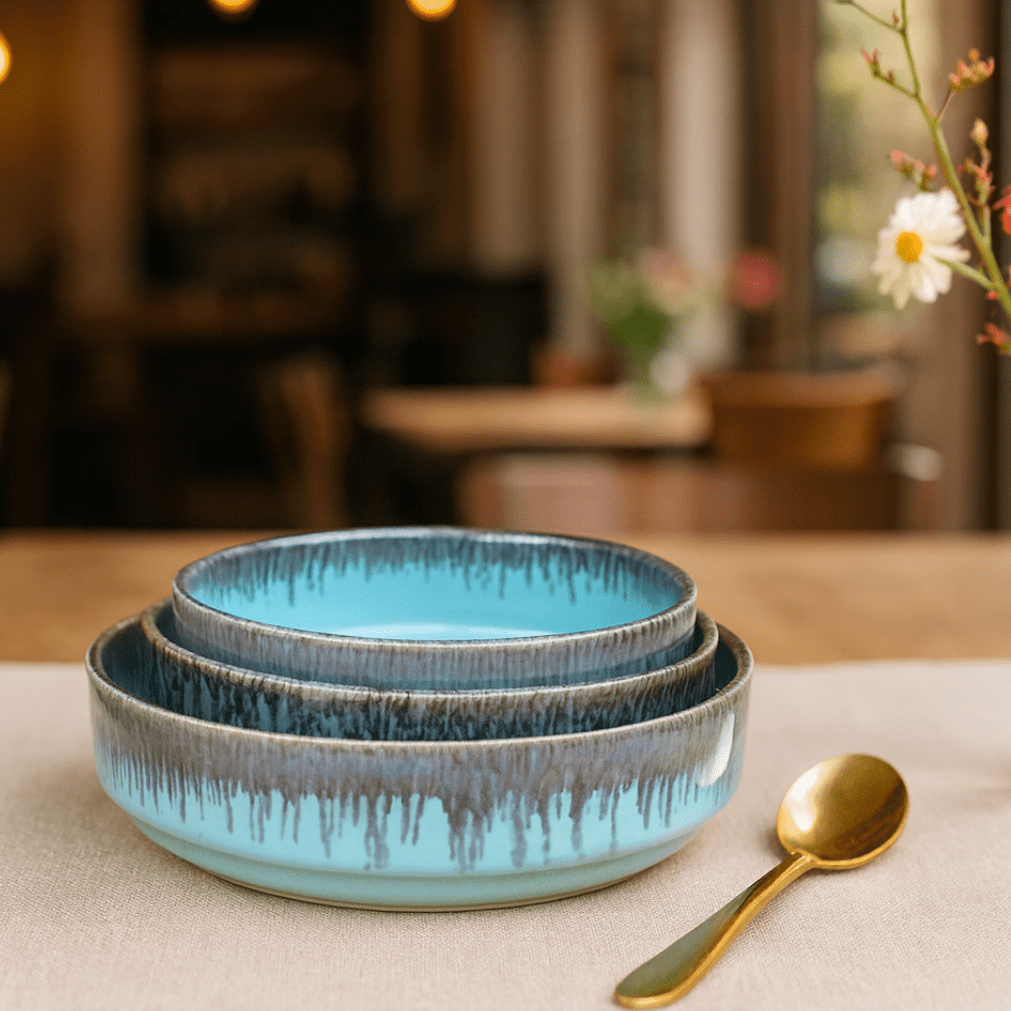 Handcrafted Ceramic Serving Bowls – Set of 3, Ocean Blue with Drip Glaze Finish