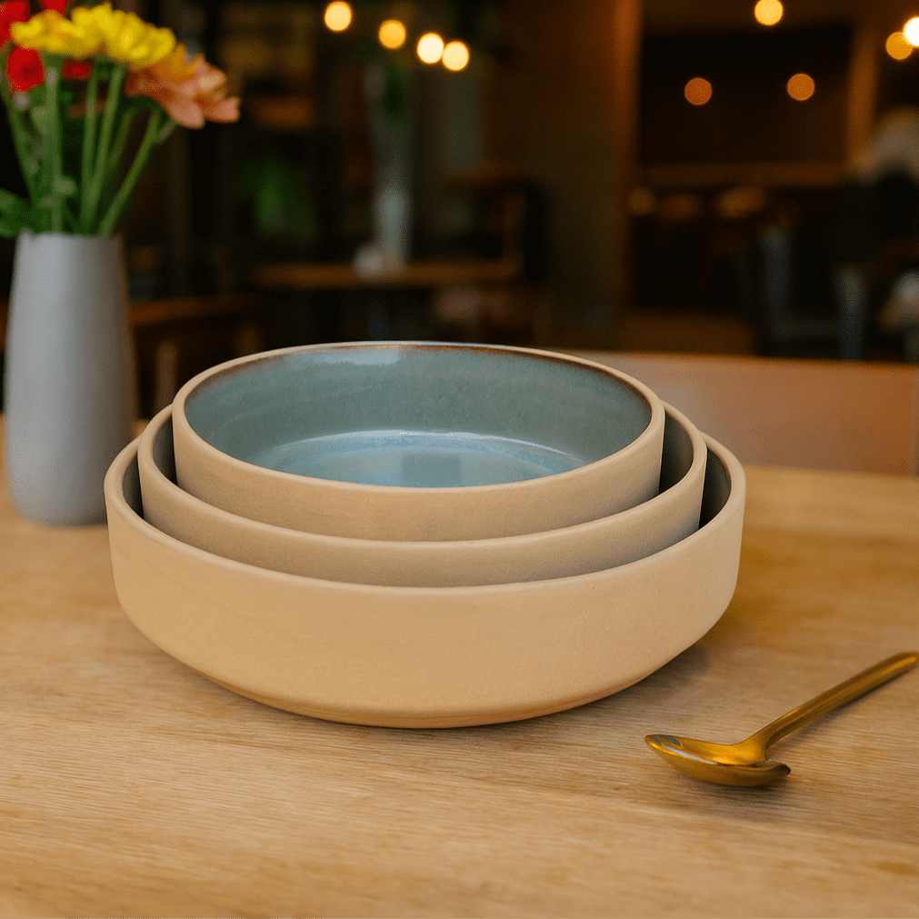 Handcrafted Ceramic Serving Bowls – Set of 3, Matte Beige Exterior with Blue Glazed Interior