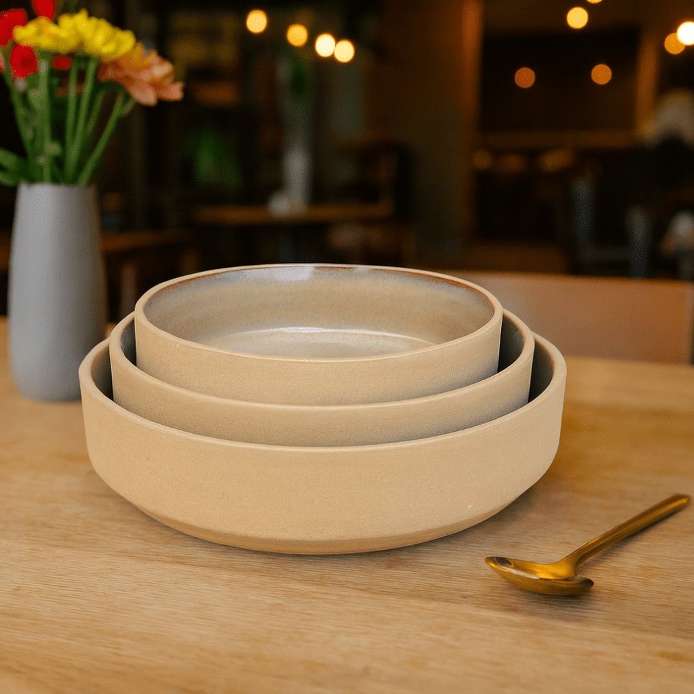Handcrafted Ceramic Serving Bowls – Set of 3, Warm Beige Glazed Finish