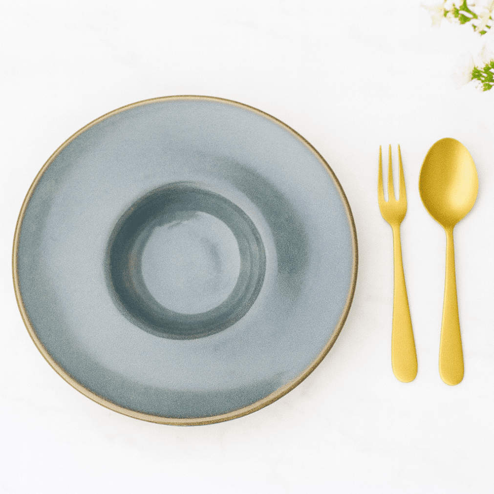 Handcrafted Ceramic Pasta Plate – Blue Grey Glazed Finish with Subtle Gold Rim
