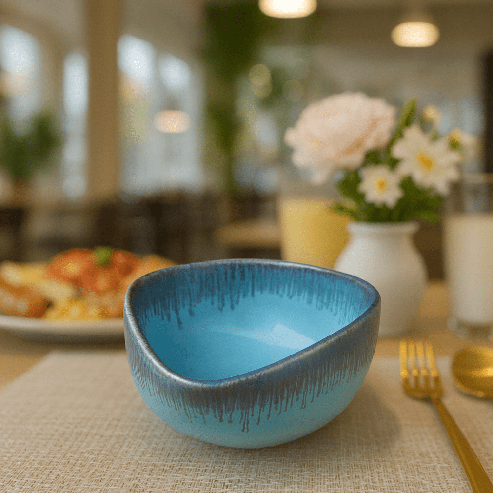 Handcrafted Triangular Ceramic Bowl – Aqua Blue Drip Glaze