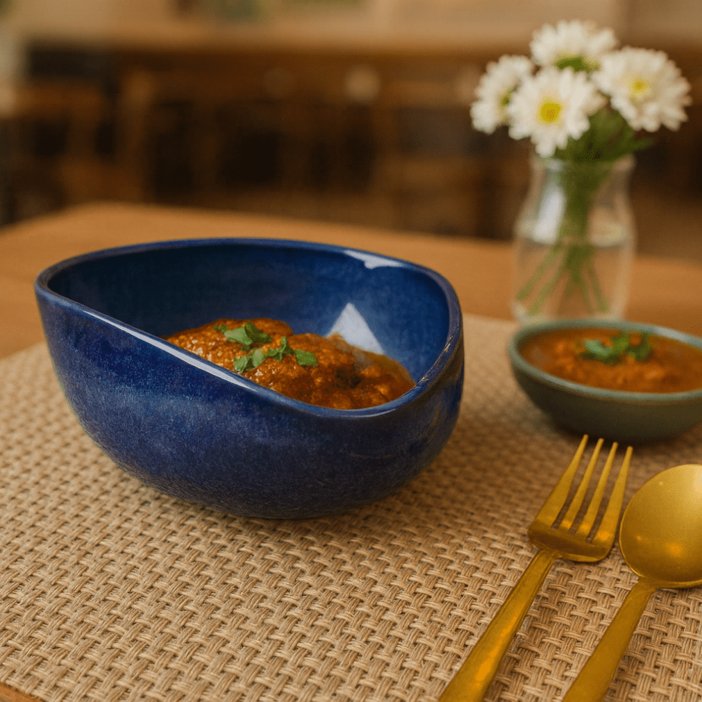 Handcrafted Triangular Ceramic Bowl – Midnight Blue Glaze