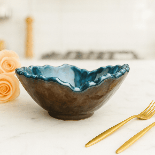 Handcrafted Wavy Rim Ceramic Bowl – Deep Ocean Glaze