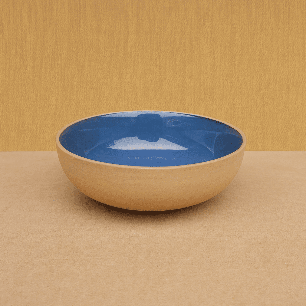 Modern Stoneware Bowl – Matte Sand Exterior with Glossy Blue Interior