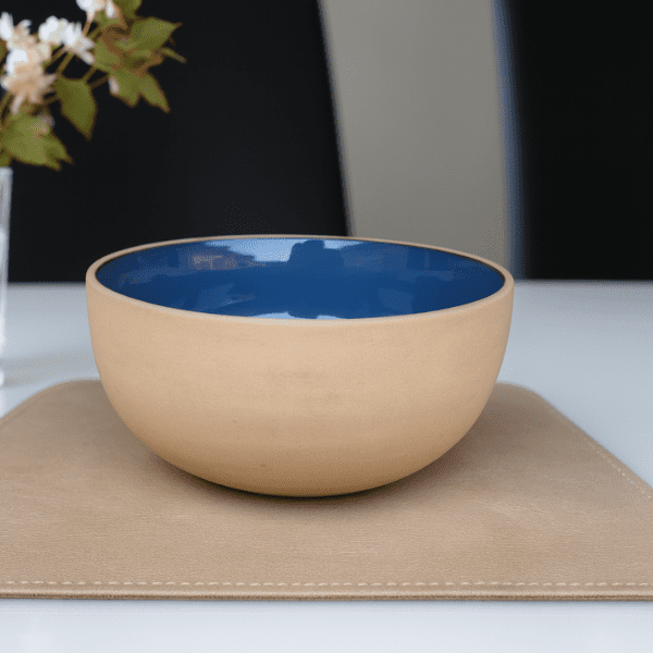 Modern Ceramic Bowl – Matte Sand Exterior with Glossy Blue Interior