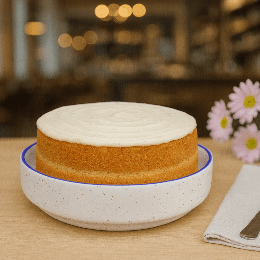 Handcrafted Ceramic Cake Bowl – White Speckled with Blue Rim