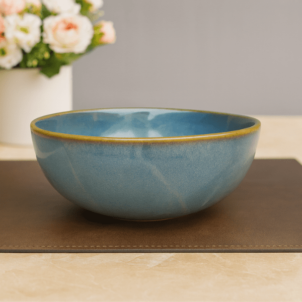 Handcrafted Blue Ceramic Bowl with Golden Rim – Artisan Glazed Stoneware Serving Bowl