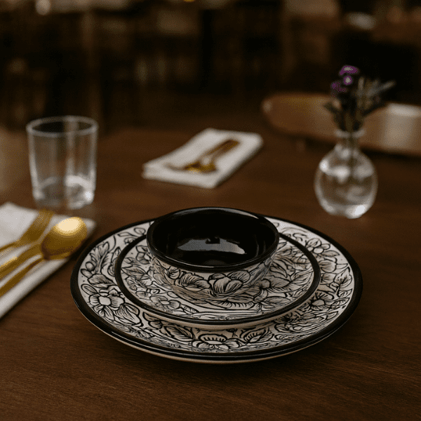Handcrafted Black & White Floral Ceramic Dinnerware Set – Artistic Plate and Bowl Collection