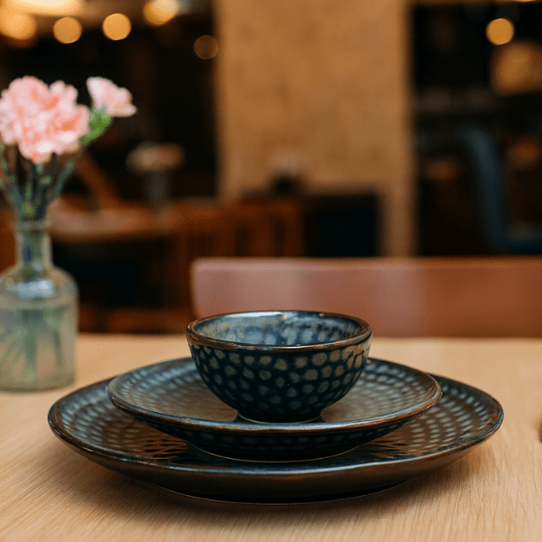 Handcrafted Textured Blue Ceramic Dinnerware Set – Modern Stoneware Plates and Bowl