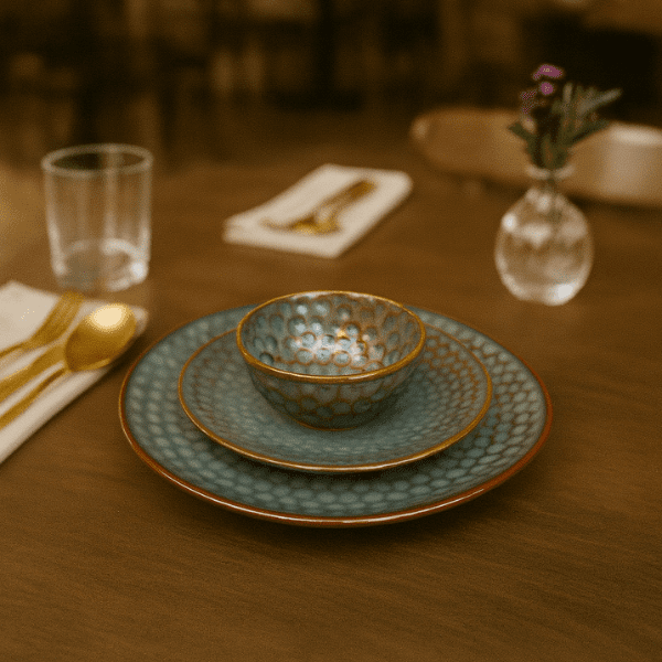 Handcrafted Textured Celadon Green Ceramic Dinnerware Set – Glazed Stoneware Plates and Bowl