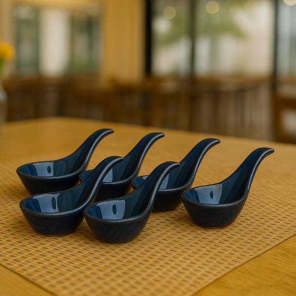 Set of 6 Ceramic Soup & Sauce Spoons – Midnight Blue Glaze