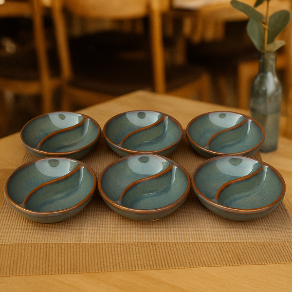 Handcrafted Blue Ceramic Double-Section Dip – Set of 6