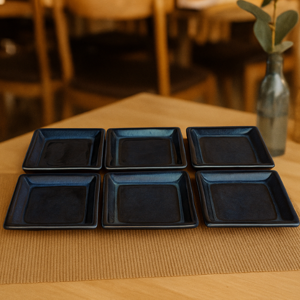 Handcrafted Navy Blue Ceramic Square Platter – Set of 6