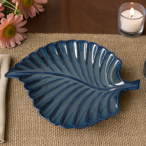 Ceramic Leaf-Shaped Serving Platter – Rustic Amber & Teal Dual-Tone Glaze (12 inch”)