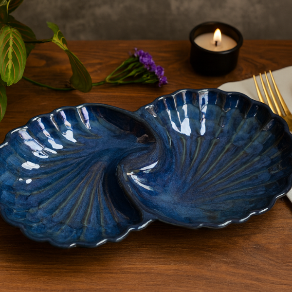 Ceramic Dual Leaf-Shaped Serving Platter – Midnight Blue Gloss Finish (12”)