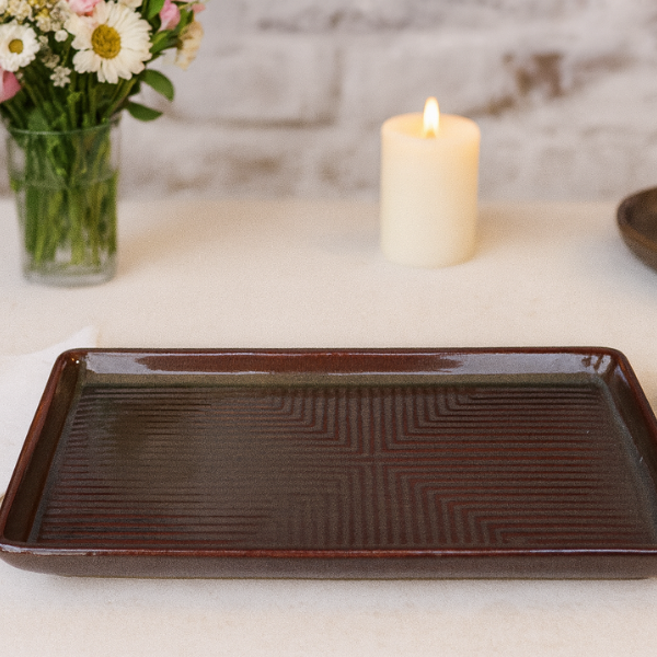 Elegant Rectangular Ceramic Serving Plate – Brown Glaze