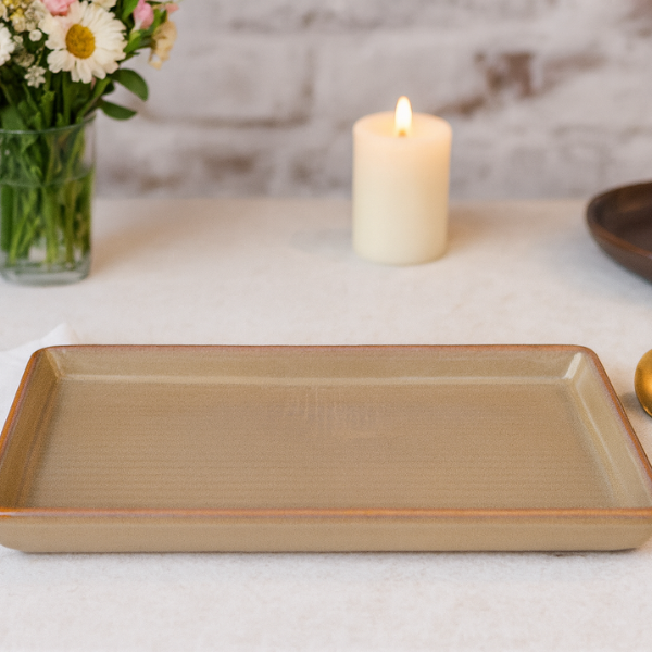 Rectangular Ceramic Serving Plate – Beige with Terracotta Rim