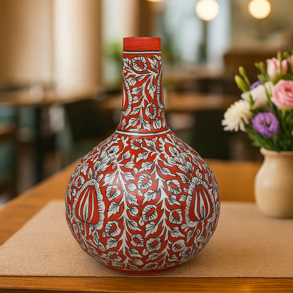 Handcrafted Red Ceramic Decorative Vase – Traditional Floral Design